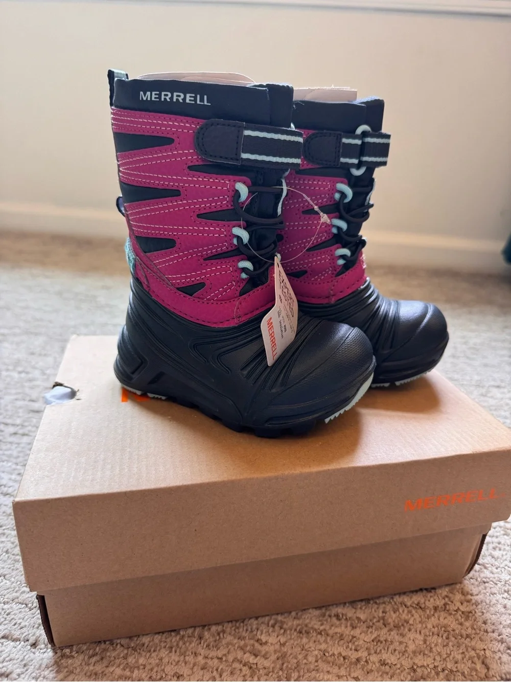 Merrell Kids Black and Pink Insulated Snow Boots with Hook-and-Loop Strap